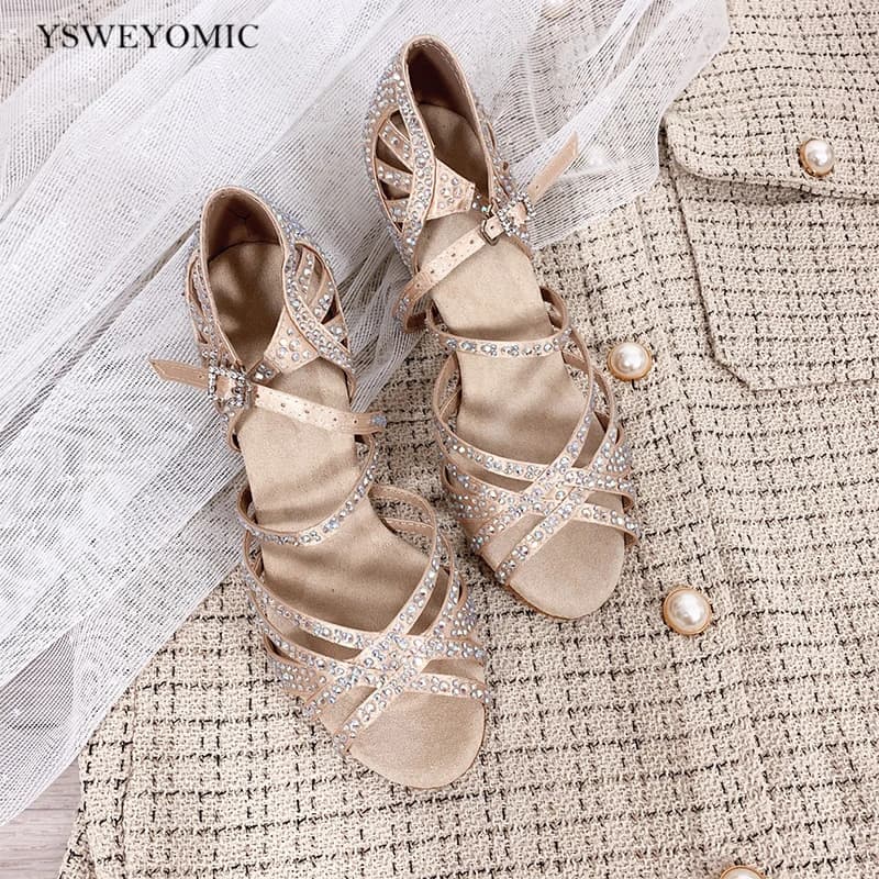 Chaussures de danse latine pour femmes, talons de 5 à 10CM, strass brillants en Satin, fond souple, pour salle de bal, Salsa, couleur noire et chair