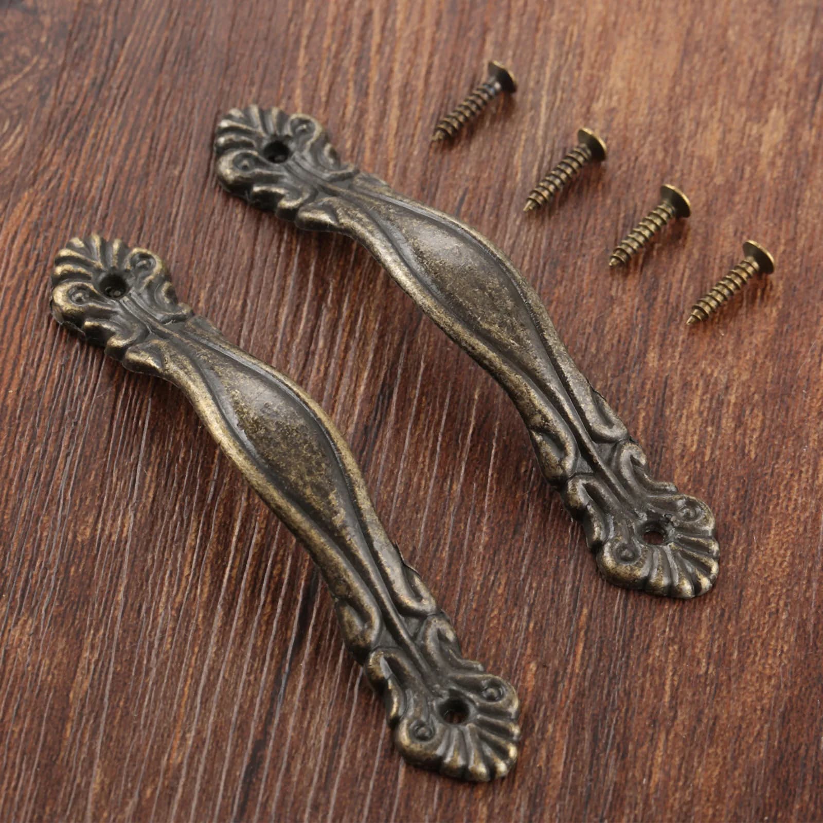 Poignée en bronze antique avec vis, bouton vintage, nervure de fleur, meubles de cuisine, alliage de zinc, vieux européen, 85x15mm, 2 ensembles