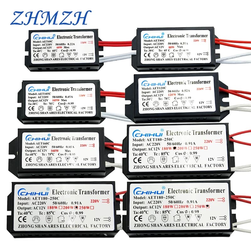 Transformateur électronique ZHMZH 60W 80W 105W 120W 160W 180W 200W 250W AC220V vers 12V pour lampe halogène et lampe à cristal, perles lumineuses G4