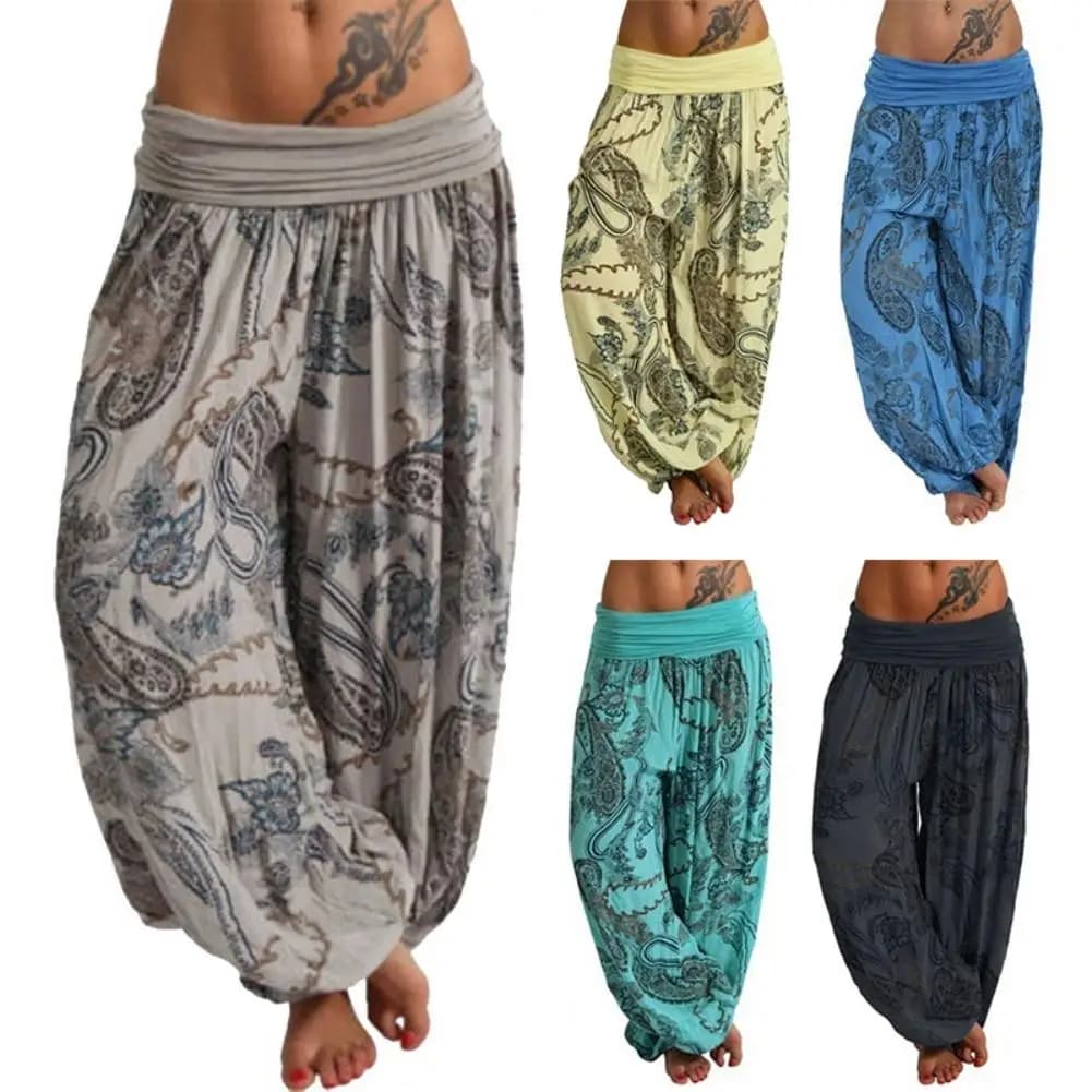 Mode femmes Boho Paisley imprimé cheville attaché Baggy pantalon ample Long Bloomers pantalon femme sarouel