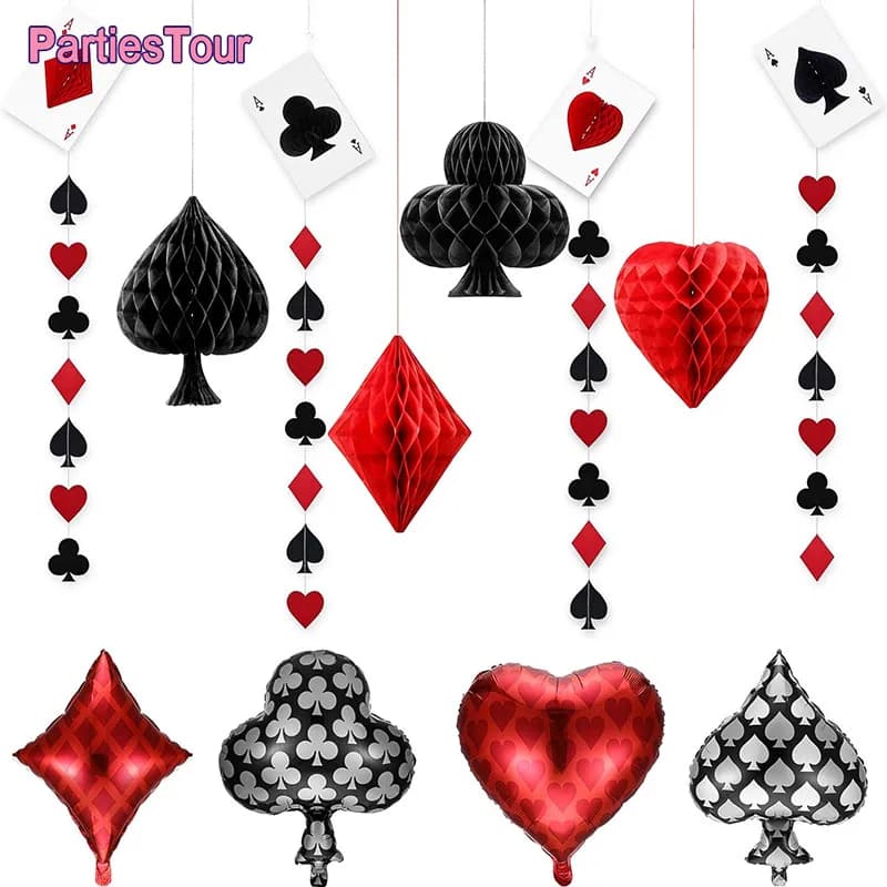 Décoration de fête de Casino, boule de Poker en nid d'abeille, carte de Poker, guirlandes et ballons, fournitures de fête d'anniversaire pour adultes