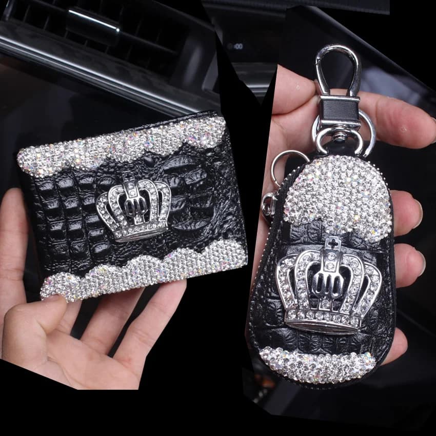 Étui universel en cuir pour clés de voiture, housse de permis de conduire, couronne en cristal strass, porte-clés, accessoires
