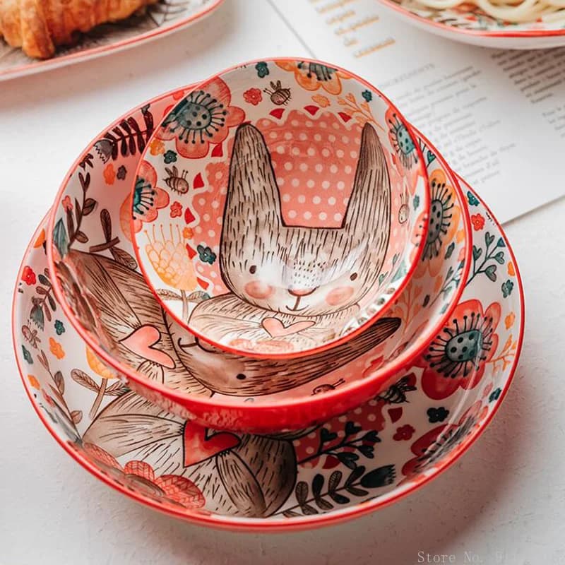 Filles et assiette peints à la main lapin mignon, UnderVest, bol à soupe domestique en céramique, bol à salade de fruits d'hôtel commercial, 1PC