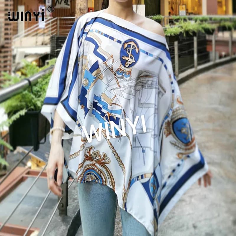 Nouveau haut d'été bohème en soie imprimé du Moyen-Orient 2021, vêtements de plage, manches chauve-souris, abaya, robes en soie pour femmes WINYI