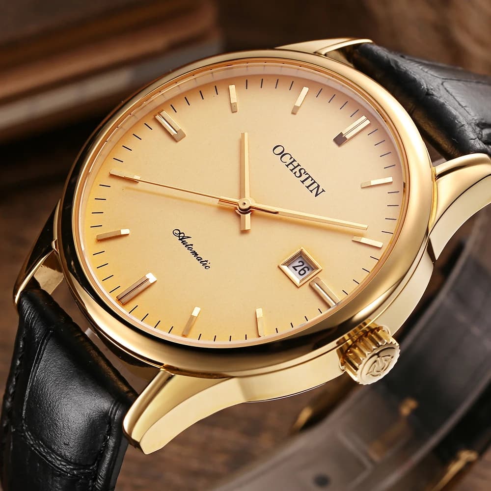 OCHSTIN automatique mécanique hommes montres affaires boîtier en acier inoxydable montre en or pour hommes étanche bracelet en cuir mâle horloge