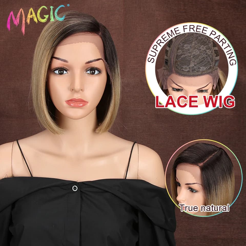 Magic-Perruque Bob Synthétique pour Femmes Noires, Cheveux Courts et Lisses, Partie Latérale, Fibre à Degré de Chaleur, 10 ans