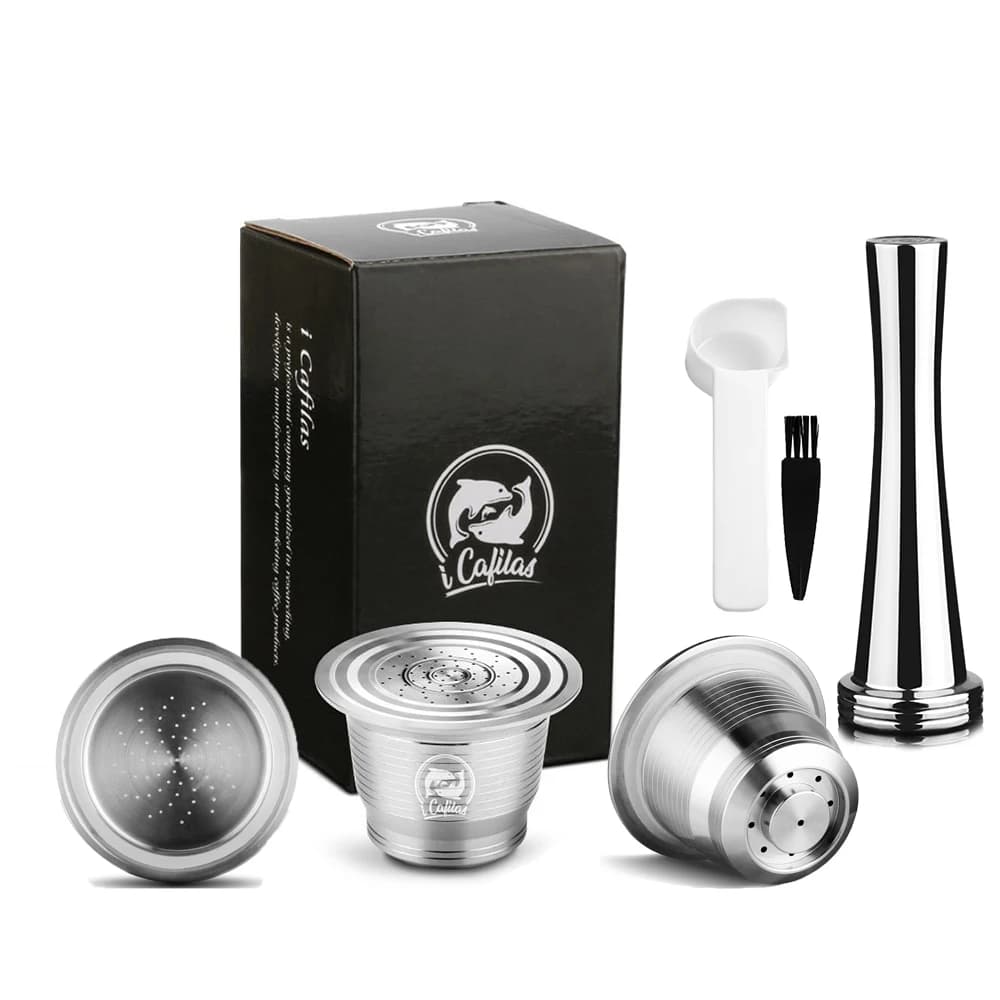 RECAFIMIL Capsule de café réutilisable en acier inoxydable dosettes de café rechargeables en métal pour Machine à café Nespresso avec cuillère et brosse