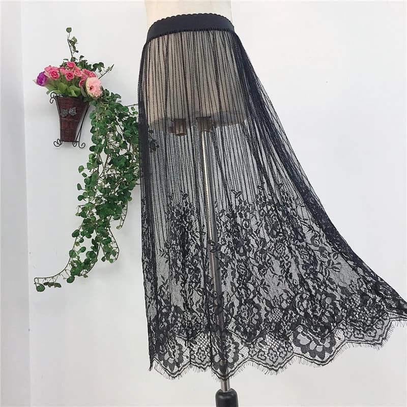 Jupe trapèze en maille de dentelle pour femme, jupon transparent, une couche, jupe mi-longue en tulle, jupon de plage rayé, noir et blanc