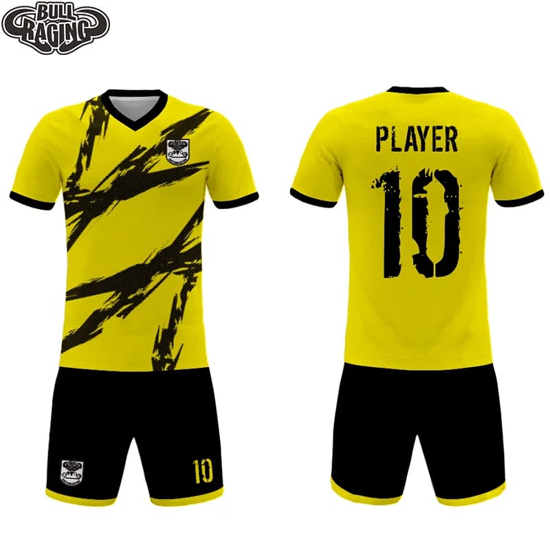 Maillot d'équipe personnalisé noir et jaune, uniforme de football à sublimation, kits sportifs
