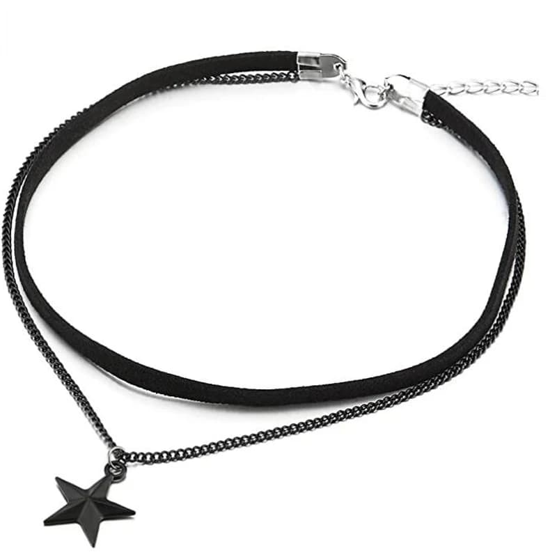 Collier ras du cou noir à deux rangées pour femmes, avec chaîne noire et pendentif à breloque étoile pentagramme, collier multicouche