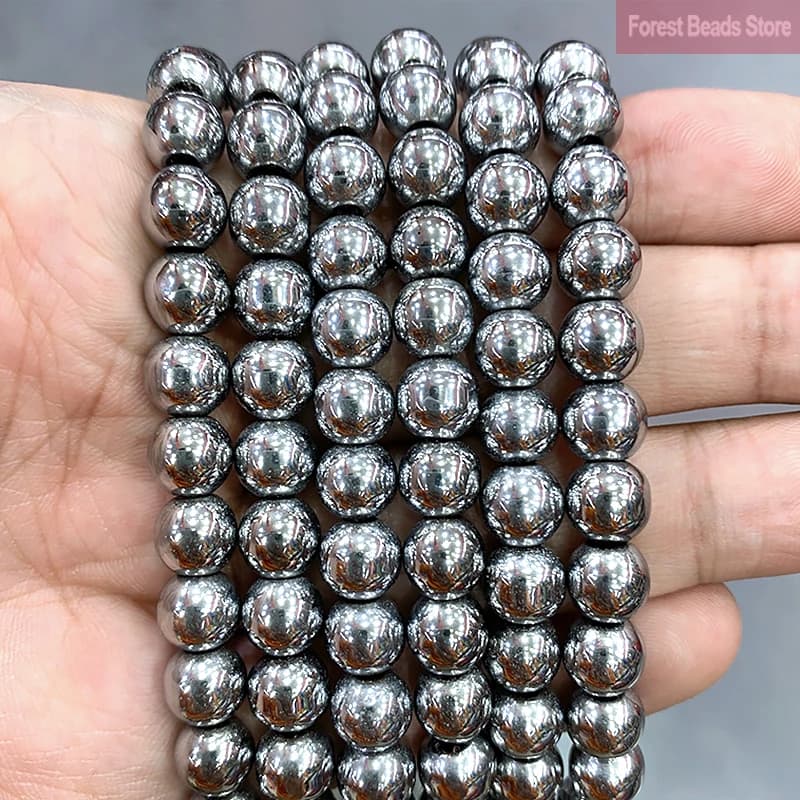 bracelet homme bijoux colliers wish francais mariage piercing oreille Perles rondes en pierre naturelle, hématite lisse et argentée, accessoires pour la fabrication de bijoux, 15 pouces,