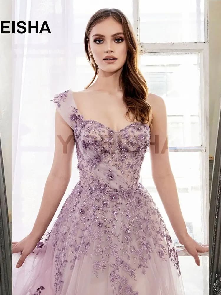 Robes de soirée longues violettes douces personnalisées, fleurs en tulle 3D à une initiative, appliques en dentelle perlée, élégantes et formelles, princesse G