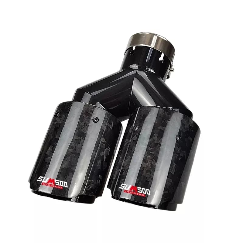 Véritable embout d'échappement double en fibre de carbone forgée SUMSOO + acier inoxydable noir brillant pour modification de silencieux de voiture