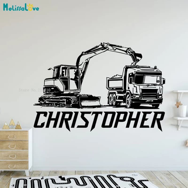 Autocollants muraux en vinyle avec nom personnalisé pour pelles et véhicules de Transport, décoration de chambre de garçon, sparadrap amovibles, YT6094