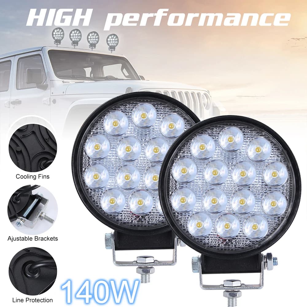 Barre lumineuse LED ronde 140W, 2 pièces, 6000K, ampoule de phare circulaire, lumière de travail 14000LM, adaptée pour voiture, bateau d'entraînement, 4x4, Jeep Off