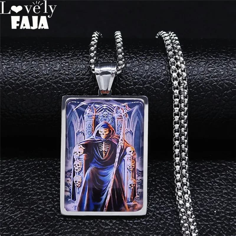 Collier à chaîne géométrique en verre et acier inoxydable avec motif de cadran de mort et crâne, couleur argent, pour homme, bijoux NBLP29-4S03