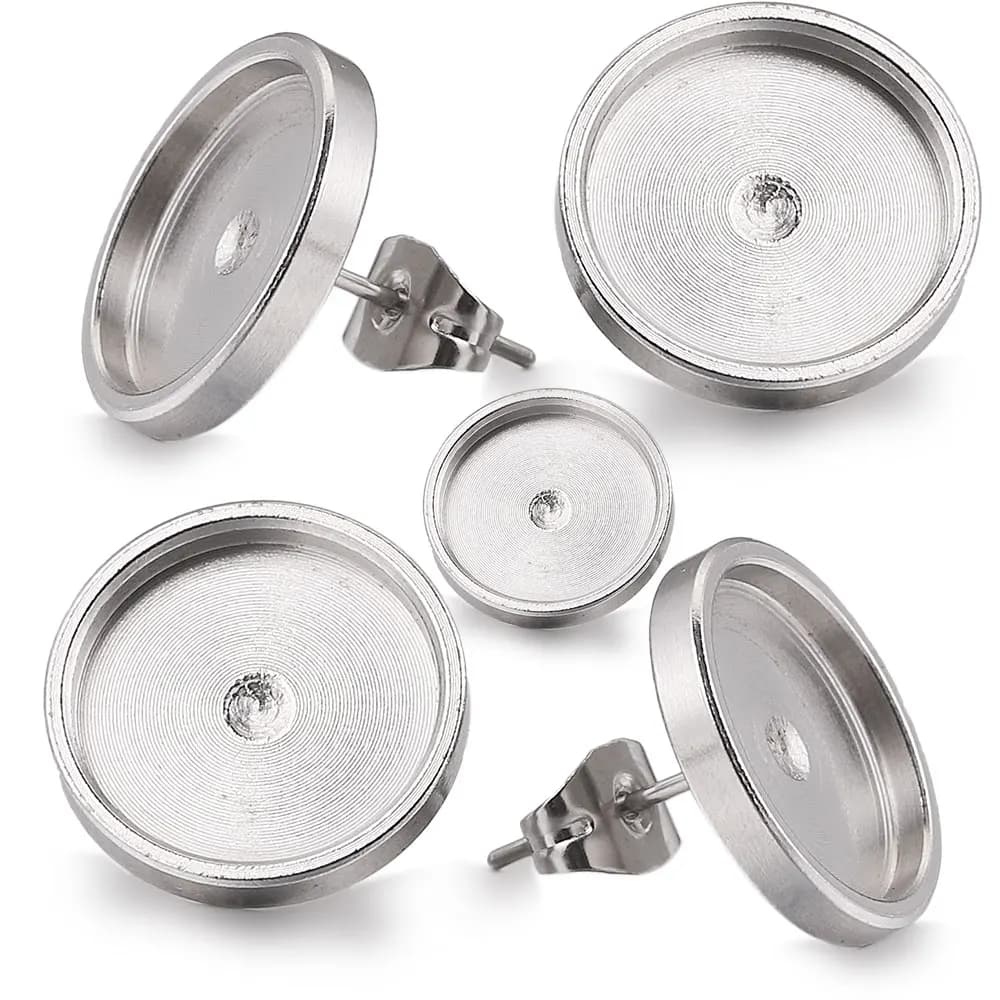 20 pièces 6 8 10 12mm en acier inoxydable plat boucle d'oreille réglage blanc boucle d'oreille Base résine Cabochon plateau bricolage fabrication de bijoux en gros