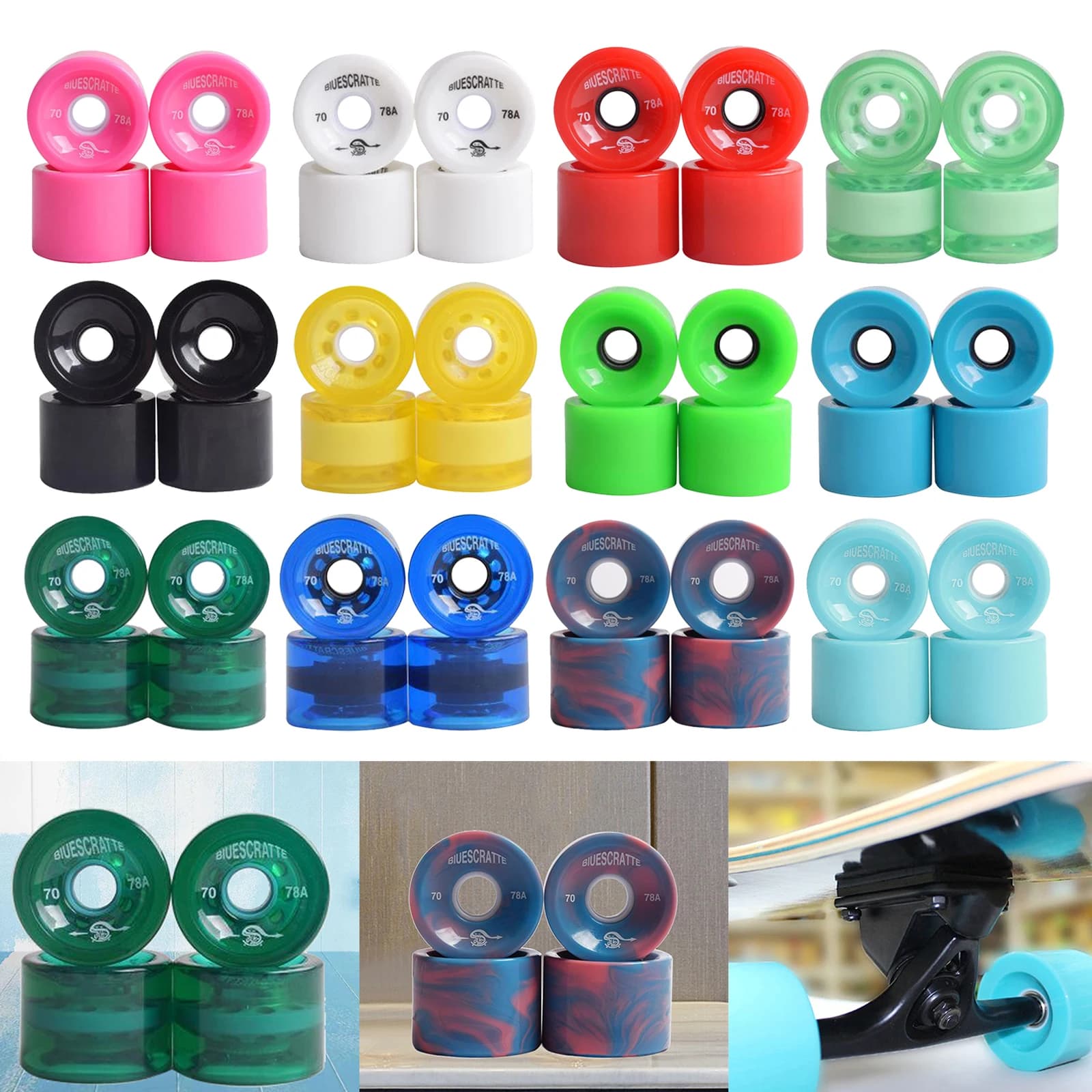 Lot de roues de skateboard, dimensions 70x 78A, pour longboard, dimensions laquées mm