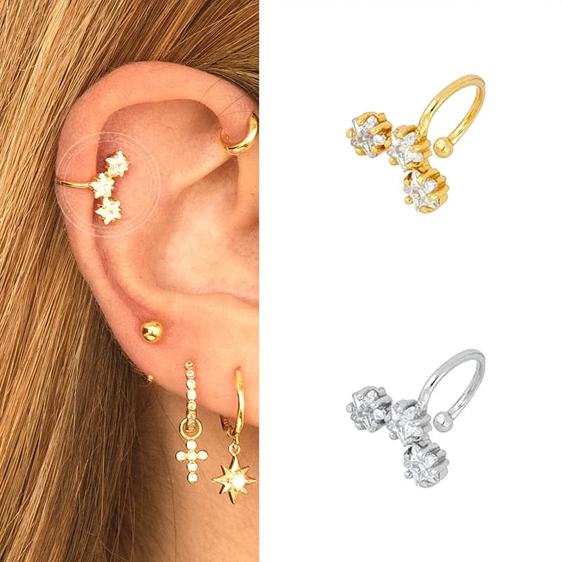 1 pièce, boucle d'oreille à clip en forme d'étoiles et de fleurs plaquée or 24 carats pour femmes, boucles d'oreilles simples en cristal, bijoux pour couples, cadeau pour rendez-vous.