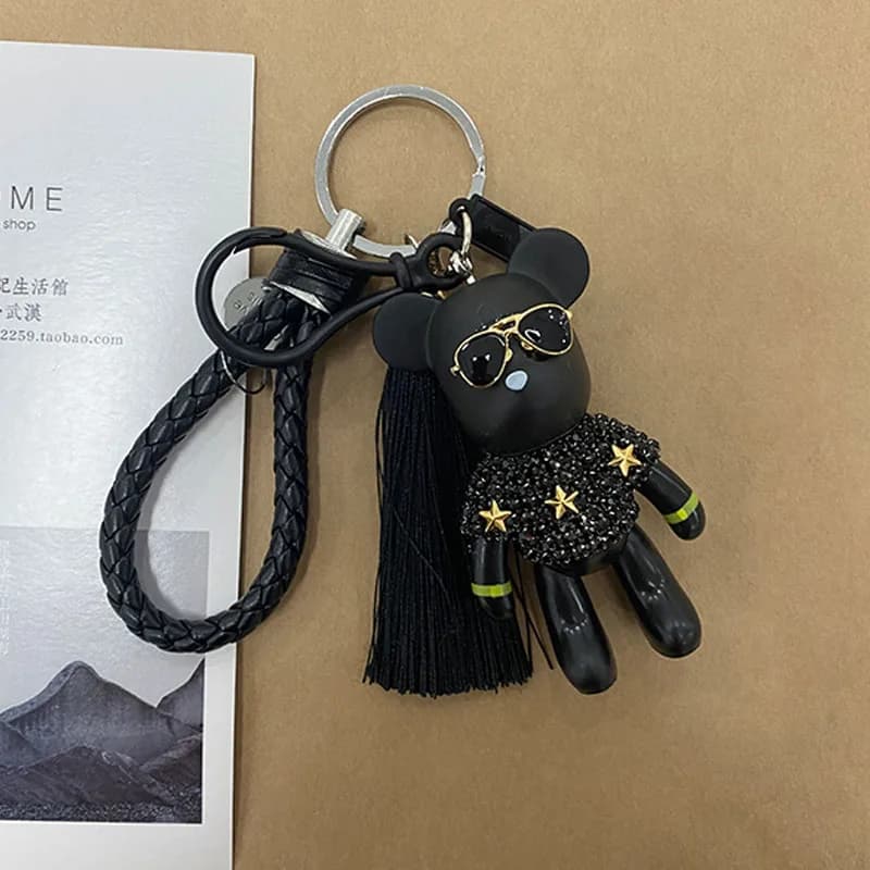 Cuir tissage corde Bomgom Popobe Gloomy strass porte-clés gland lunettes ours porte-clés porte-anneau sac charme noir pendentif