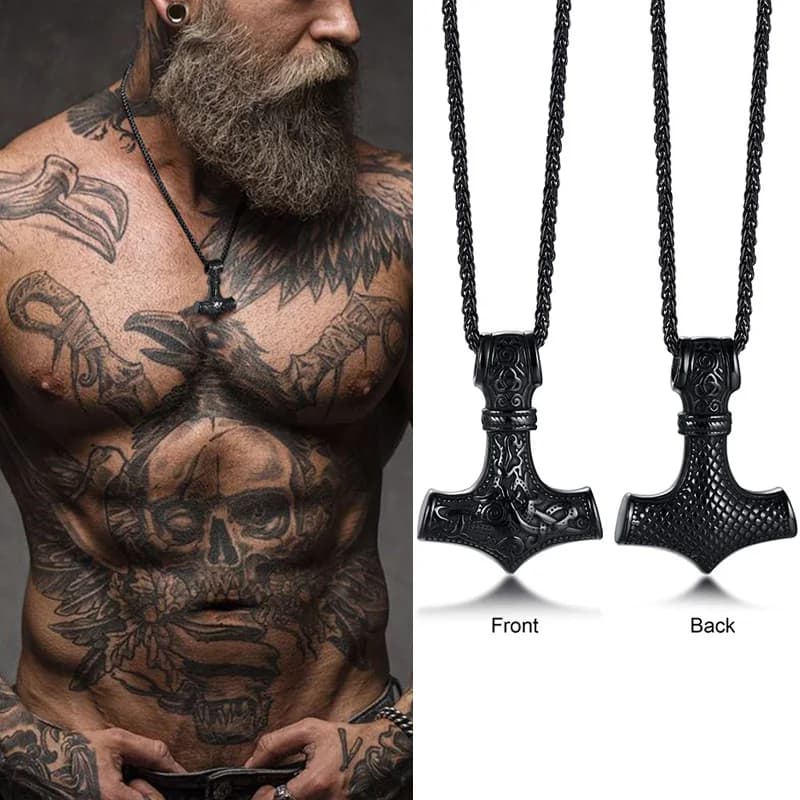 Mjolnir – collier pendentif avec le marteau de Thor, symbole païen nordique, en acier inoxydable, Double face, Design Dragon, bijoux Viking