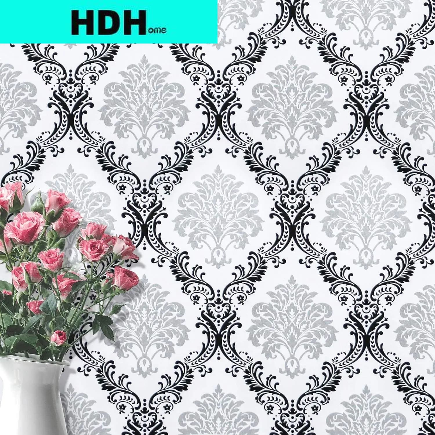 Papier peint autocollant fleur Damas, papier peint décoratif, peler et coller, blanc et noir, 5m