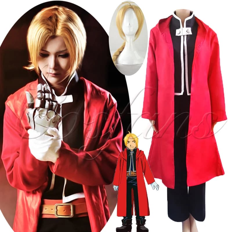 Full Metal Alchemist Anime Cosplay Costume, Edward Elric, Perruques, Manteau à capuche, Chaussures sur mesure, Halloween