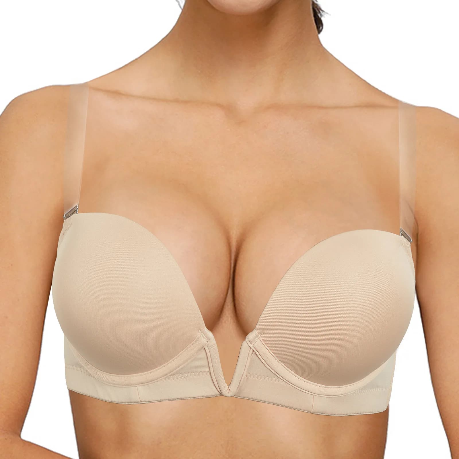 Vgplay – soutien-gorge plongeant profond pour femmes, épais, rembourré, coupe basse, sous-vêtements Push Up, bretelles transparentes, pour robe de mariée, en forme de V