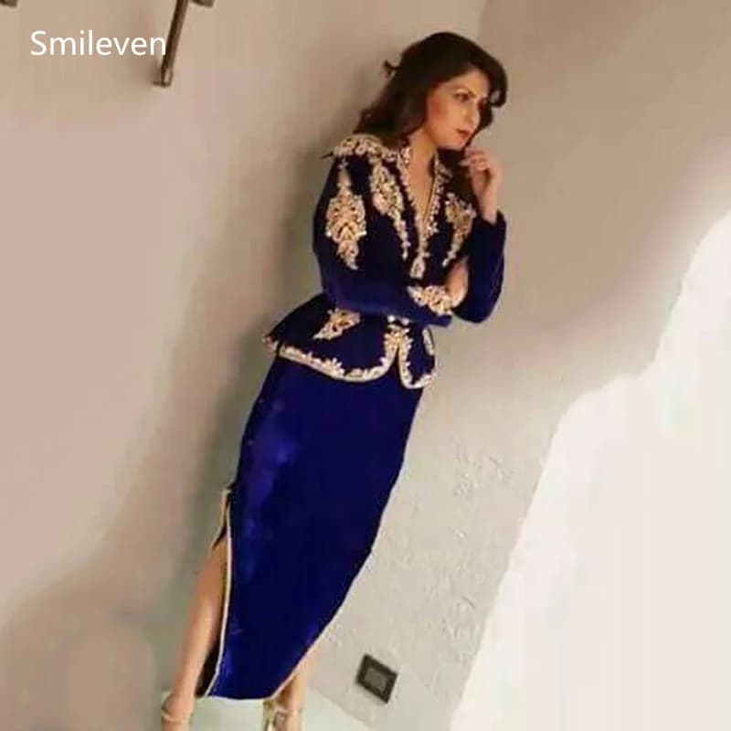 Smileven-Robe de Soirée en Velours Bleu Royal, Caftan Préliminaire Karakou, Manches sulf, Poignées, Ceinture Amovible, ixde Bal de Dubaï, Tout Personnalisé