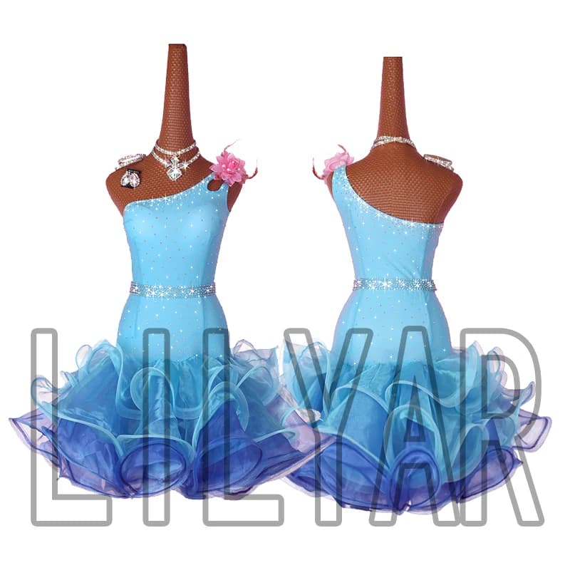 Nouvelle robe de danse latine, compétition, Performance, robe de danse jupe bleue lac pour enfants adultes