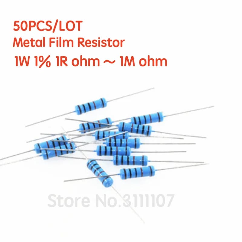 Résistance à film métallique 1W 1% 1% 1R ~ 1M 2R 10R 22R 47R 100R 330R 1K 4.7K 10K 22K 100K 470K 51 22 47 330 ohm, 50 pièces/lot