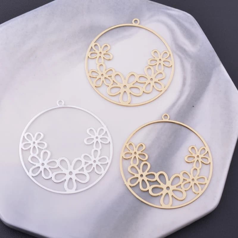 Breloques rondes en forme de fleur, couleur or clair, pendentif fin, plaqué argent, résultats de boucles d'oreilles, 6 pièces