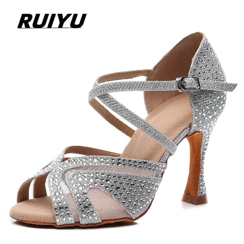 Chaussures de danse latine pour femmes adultes, chaussures de danse Salsa Tango, d'entraînement, sandales à talons hauts, été, noir, argent, bleu, rouge