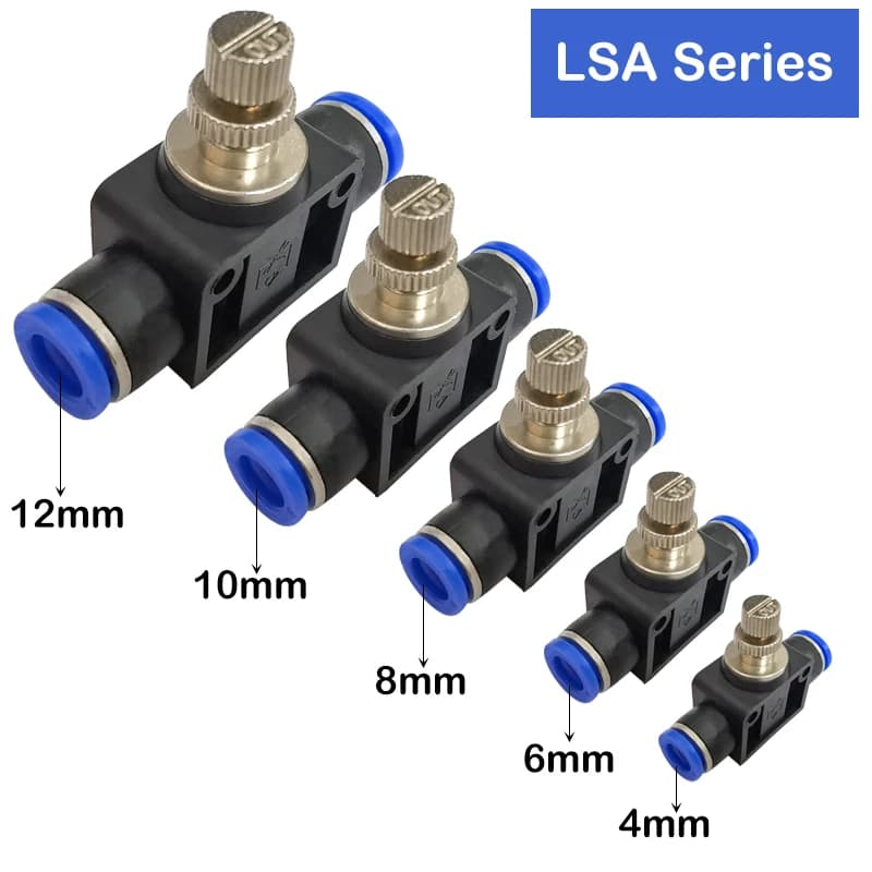 Vanne d'accélération LSA 4-12 mm, vanne de contrôle de la vitesse de débit d'air, tube, tuyau d'eau, raccords pneumatiques à insertion rapide