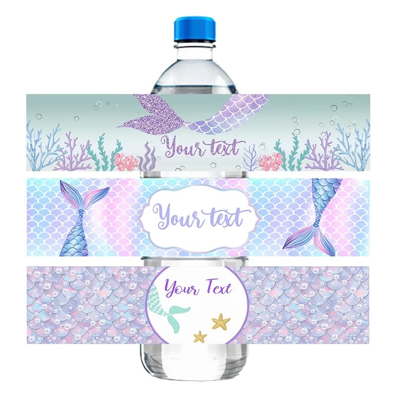 Enveloppes de bouteilles de fête sirène avec nom personnalisé, décor d'anniversaire, étiquette de bouteille d'eau, autocollants personnalisés, fête prénatale, baptême, cadeau de fête