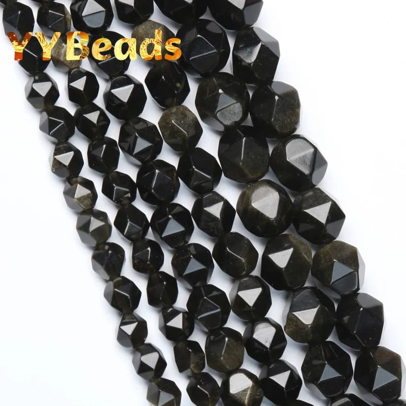 Perles en obsidienne or naturel à facettes, perles d'espacement lisses et amples pour la fabrication de Bracelets à breloques, fil de 15 pouces 6mm 8mm 10mm