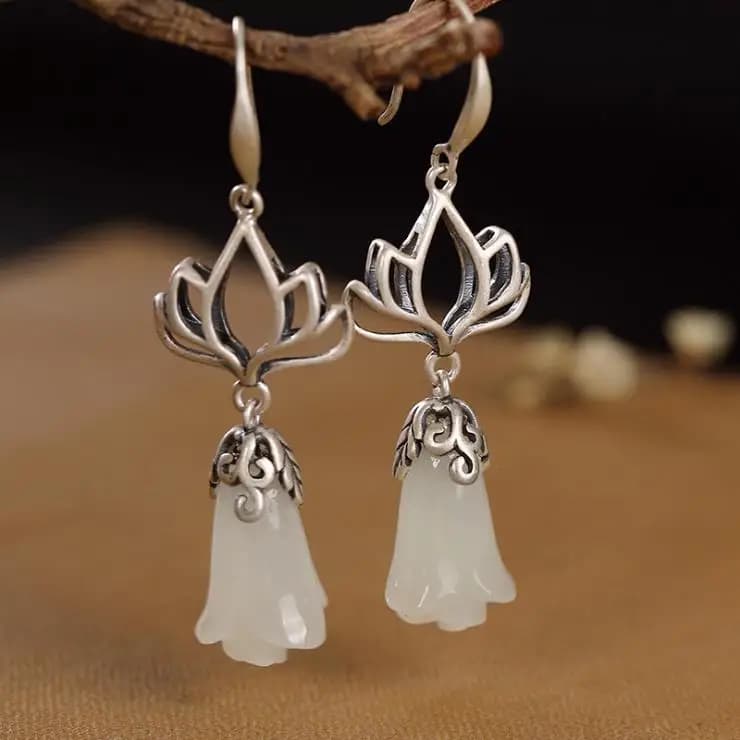 Boucles d'oreilles en jade blanc naturel Hetian pour femme, bijoux en argent, fleur de magnolia, style chinois, charme rétro, marque, design original
