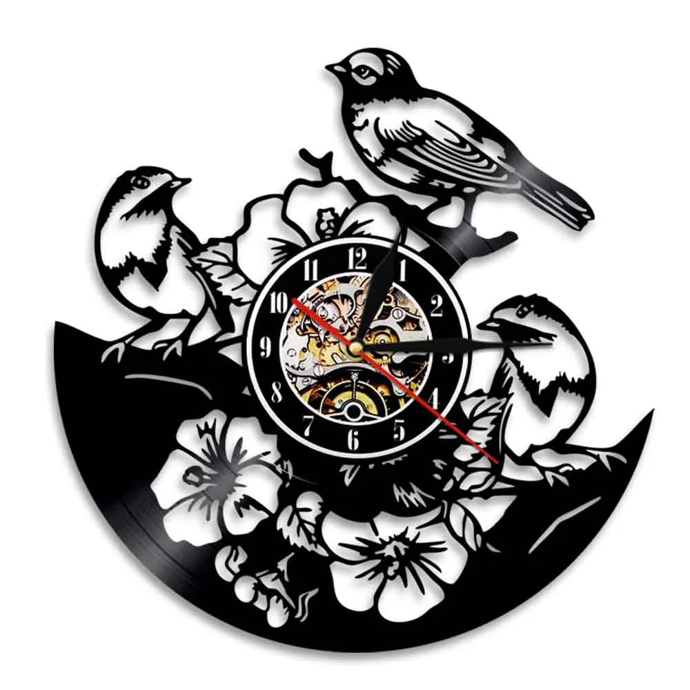 Horloge suspendue en vinyle, décor mural Tropical, trois oiseaux, fleur, Art, horloge rétro, disque vinyle, Design moderne