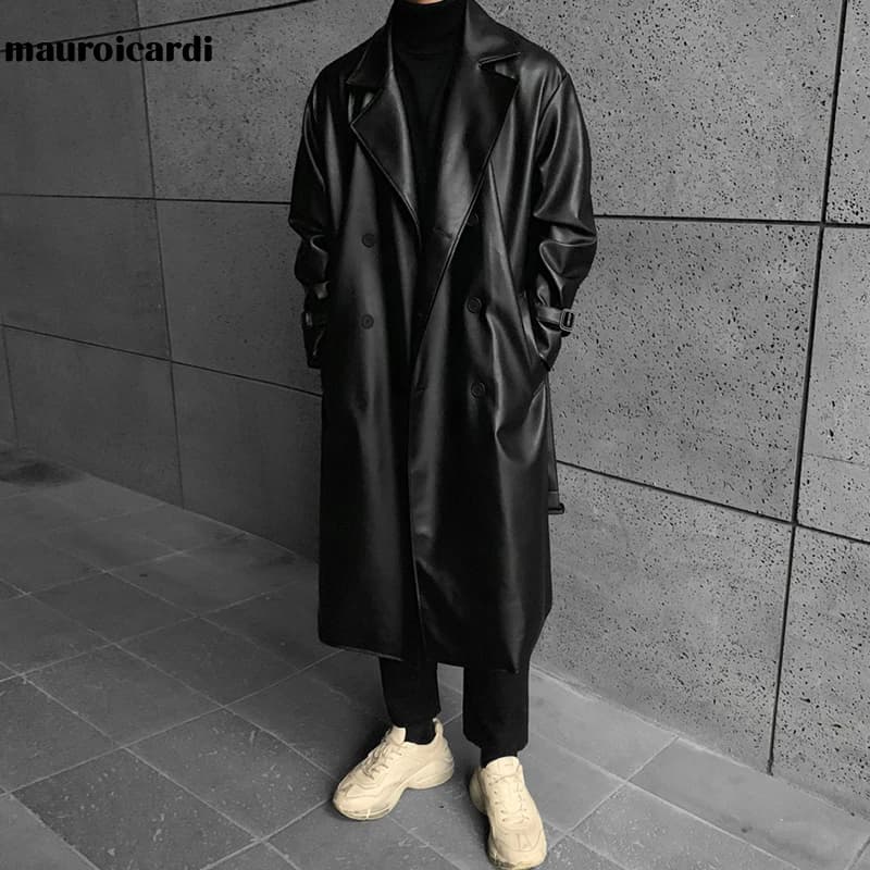 Mauroicardi printemps automne Long noir surdimensionné Faux cuir Trench manteau hommes 2022 goutte épaule ceinture Faux cuir manteaux pour hommes