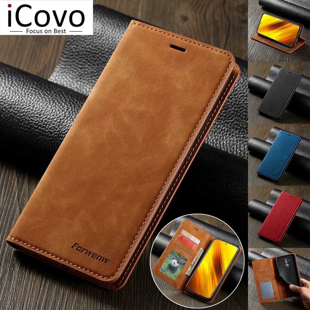 Étui en cuir pour Xiaomi Poco X3 NFC M4 M3 F3 10T Pro, portefeuille à rabat Redmi Note 14 13 12 11S 10S 10 9 9s 9A 9C 8 7 13T 12T 11T