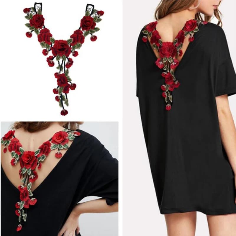 Faux col en dentelle à fleurs rouges pour femmes, chemisier décoratif, col à revers pour robe, accessoires de pull, 40x30CM