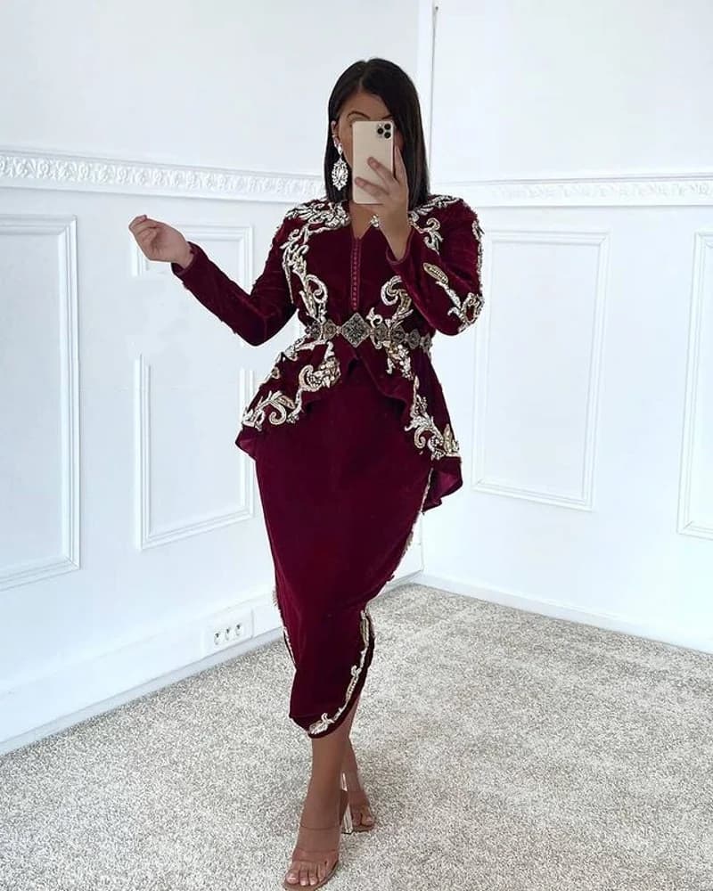Robe de Soirée en Velours à Manches sulf, Caftan Arabe, Longueur Thé, Bordeaux, Dubaï, Arabie Saoudite, Perles, Robe de Bal, Karakou
