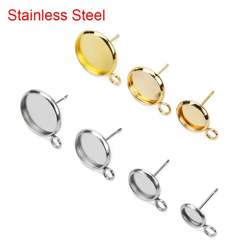 20 pièces hypoallergénique en acier inoxydable 6 8 10 12mm boucle d'oreille camée verre Cabochon paramètres de Base pour bricolage fabrication de bijoux résultats