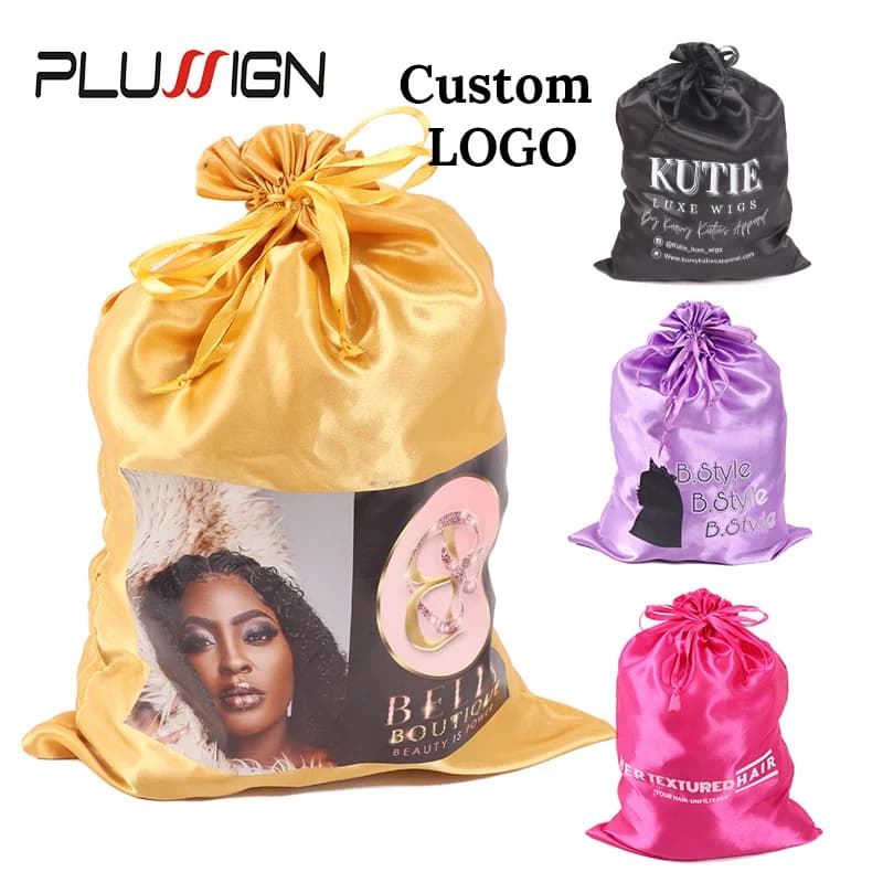 Sac de rangement pour extensions de cheveux, Logo personnalisé, sac en Satin de soie noir rose avec cordon de serrage, sacs d'emballage de paquets de cheveux 25x35CM
