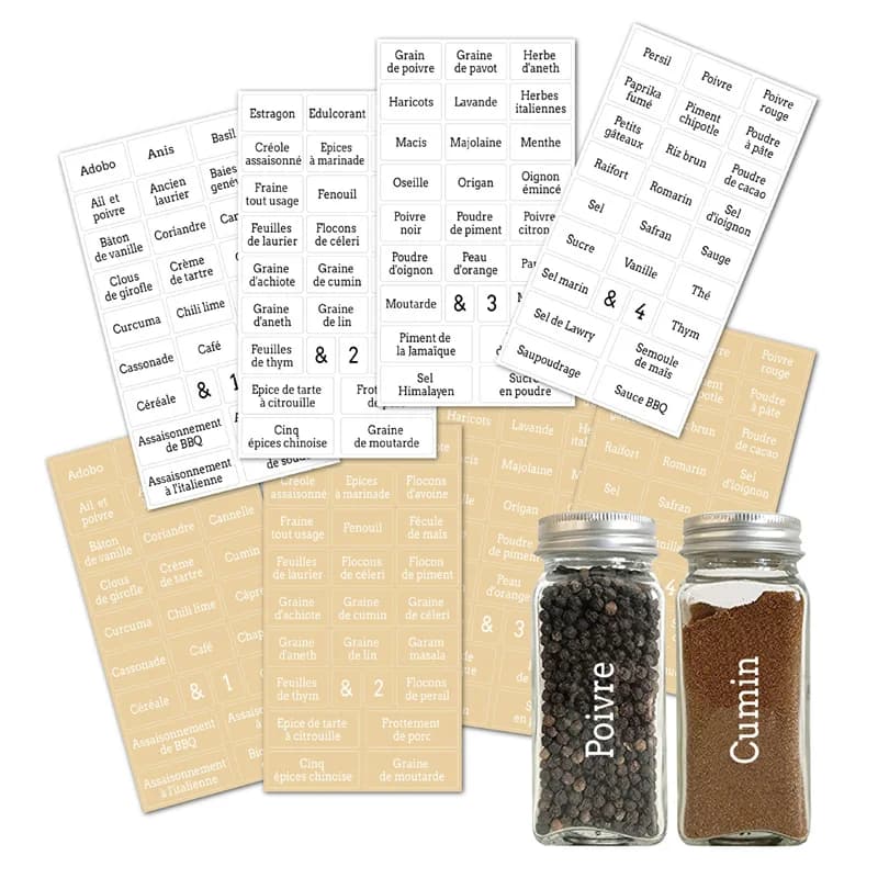 Étiquettes pour pots d'épices français, 8 feuilles, autocollants anglais transparents et imperméables pour garde-manger, réservoir alimentaire, marques de condiments, stockage de cuisine