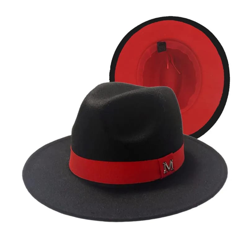 Chapeaux Fedora Jazz en feutre de laine noir à l'extérieur et rouge à l'intérieur, avec fine boucle de ceinture, pour hommes et femmes, à large bord, style Panama Trilby, 56-58CM
