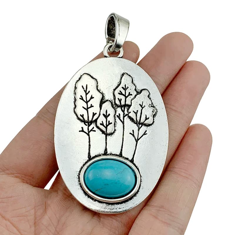 ZXZ 2 pièces tibétain argent grand arbre avec Imitation pierre forme ovale breloques pendentifs pour collier fabrication de bijoux accessoiresA