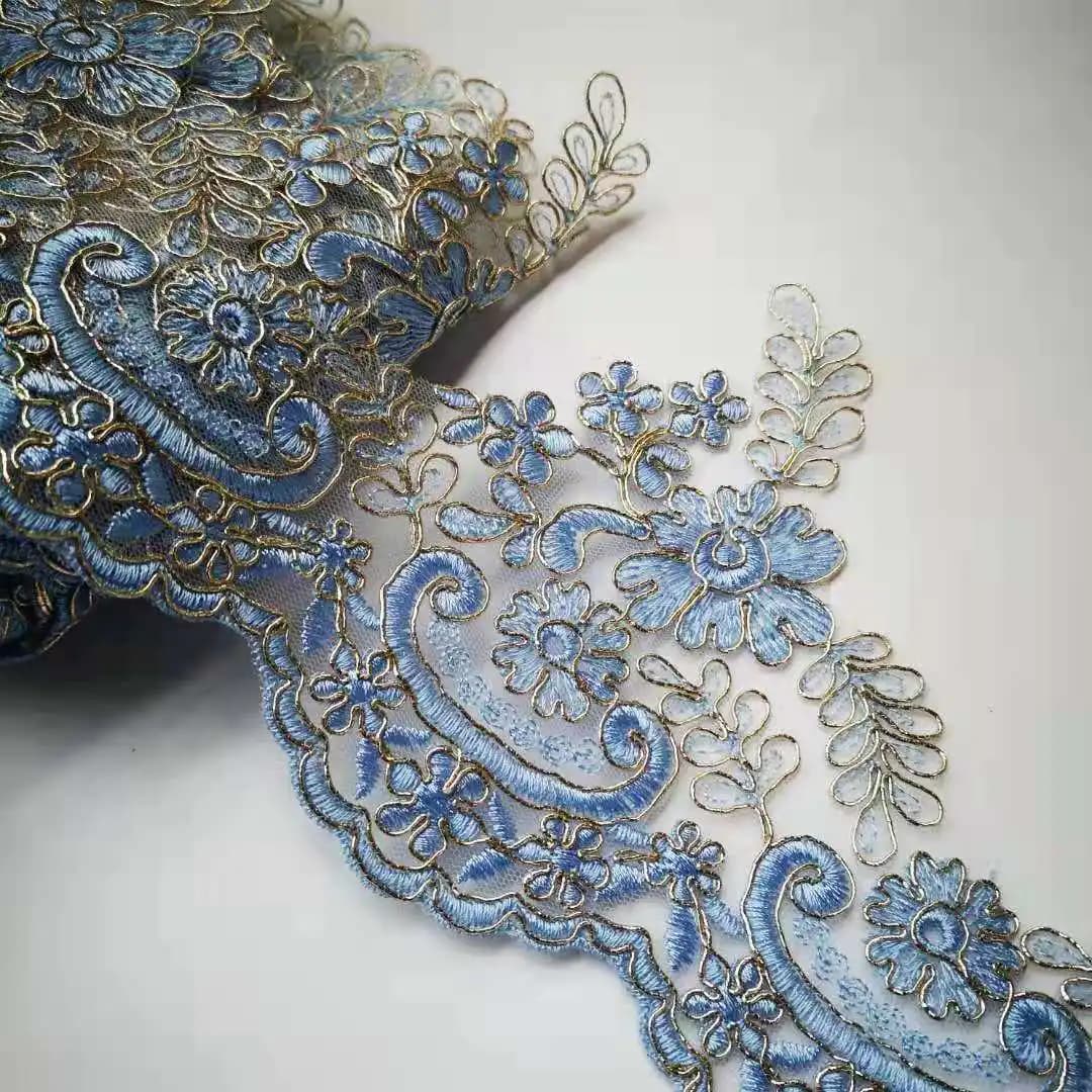 Garniture en dentelle brodée en polyester bleu ciel pour patients, conception de costume de robe de mariée, ruban de dentelle, bord saphir, 2 verges, 15cm de large