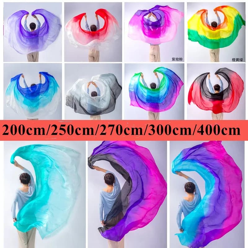 Grossiste prix le moins cher personnalisé vraie soie danse du ventre voiles de soie jeté à la main écharpe châle dégradé 200 cm 250 cm 270 cm 300 cm