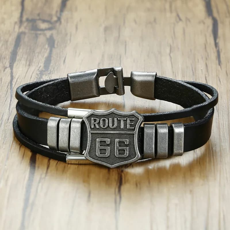 Bracelet en cuir Punk pour hommes, Route 66 américaine, route de la mère, alliage rétro multicouche, bijoux à main, accessoires de personnalité, nouvelle collection 2021